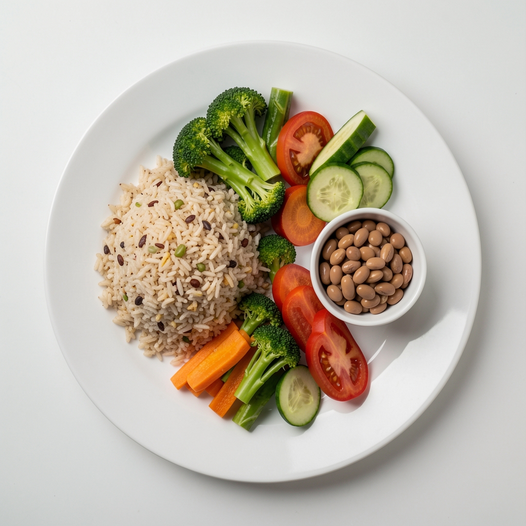 Overhead view of a balanced meal with grains, vegetables and a small bowl of legumes on a plain white plate in quiet studio lighting
