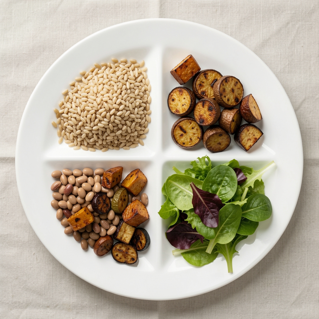 Top-down view of a round white plate divided into four food zones with grains, legumes, roasted vegetables and fresh salad leaves in studio lighting on a pale linen surface