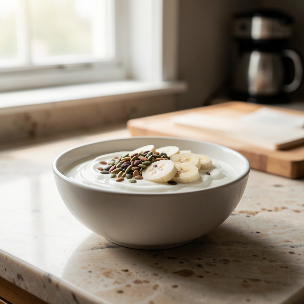 Close-up of a kitchen counter with a bowl of plain yoghurt topped with mixed seeds and sliced banana, morning preparation in soft natural window light