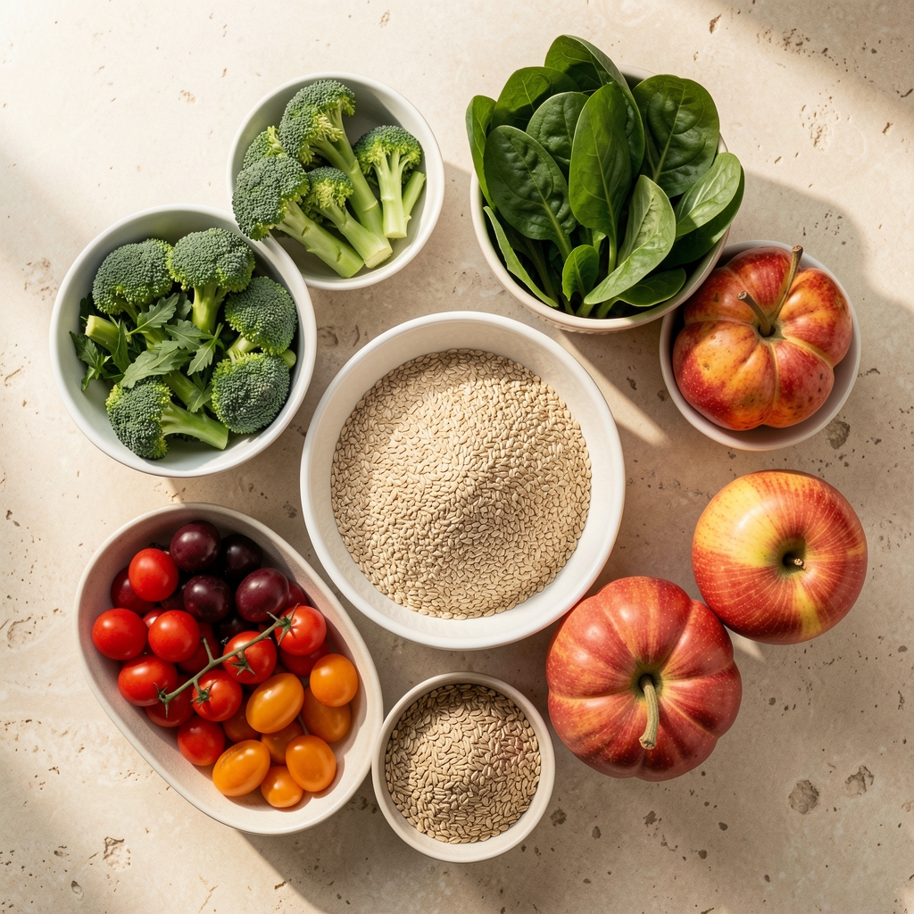 Overhead view of a thoughtfully arranged meal prep scene with fresh vegetables, whole grains and seasonal produce laid out on a light stone kitchen surface in soft morning daylight